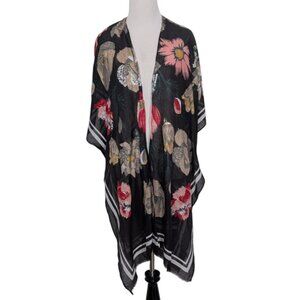 Woven Heart Floral Kimono Cardigan Womens One Size Black Lightweight Boho